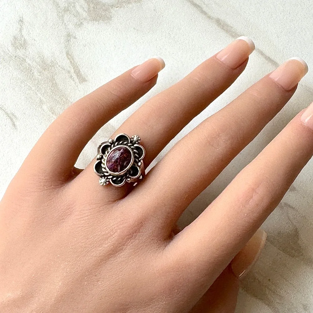 Navajo Flower Ring Purple Spiny Oyster Sz 8 Sterling Silver Native Signed Morgan